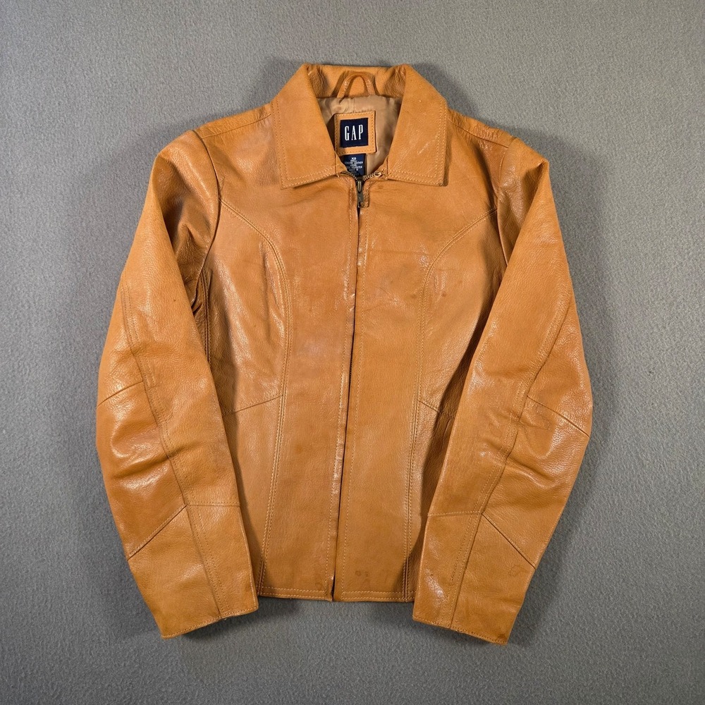 Gap Leather Jacket Womens XS Brown Full Zip Collared Biker Short Bomber Lined